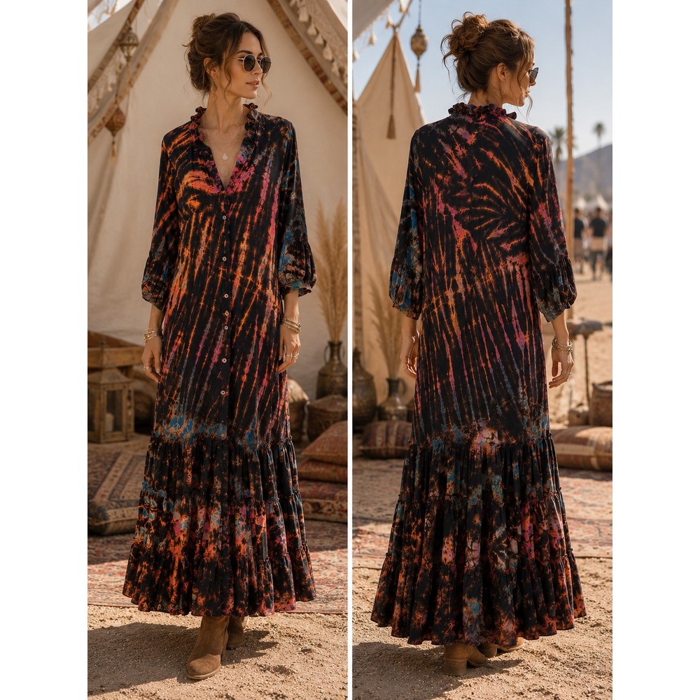 Tie Thai Boho Festival Tie Dye Oversized Ruffle Button Maxi Dress  NWT